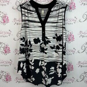 Perseption tank top stripes flowers, V-neck Black and White Floral Blouse